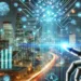 Futuristic AI-powered cityscape with a robotic hand interacting with a holographic business dashboard, representing AI-driven transformation across industries