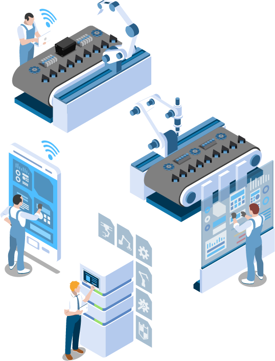 Technicians using Epicor MES to monitor and optimize smart factory operations in plastics and rubber manufacturing with automation and real-time dashboards.