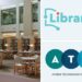 Library interior with wooden bookshelves and tables, alongside LibrarIN and Athens Technology Center (ATC) logos.